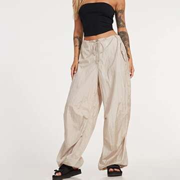 WOBONIU Women Low Waist Baggy Cargo Pants Indie Aesthetic Drawstring Loose Pocket Jogger Trousers Hippie Punk Streetwear(Beige, Small)