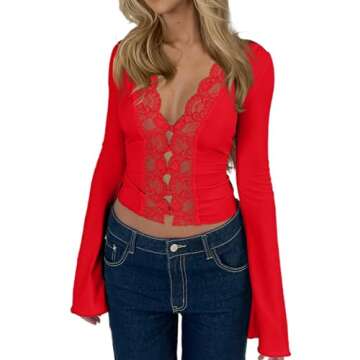 CSDAJIO Women's Long Sleeve Lace Tops for Women Deep V Neck Button Up Open Front Sexy Going Out Slim Fit Shirt Red Medium