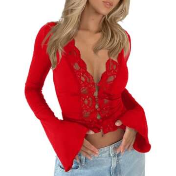 CSDAJIO Women's Long Sleeve Lace Tops for Women Deep V Neck Button Up Open Front Sexy Going Out Slim Fit Shirt Red Medium
