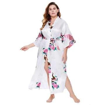 BABEYOND Women's Kimono Robe Long Satin Silky Robes with Peacock and Blossoms Printed Kimono Nightgown