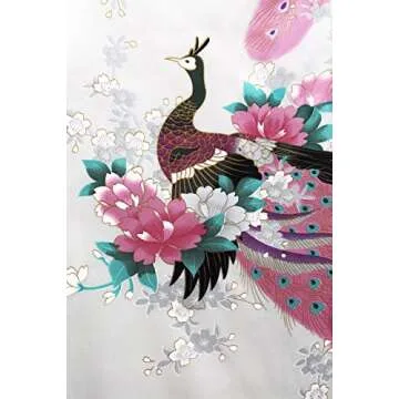 BABEYOND Women's Kimono Robe Long Satin Silky Robes with Peacock and Blossoms Printed Kimono Nightgown