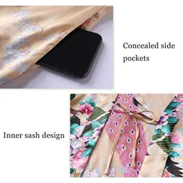 BABEYOND Women's Kimono Robe Long Satin Silky Robes with Peacock and Blossoms Printed Kimono Nightgown