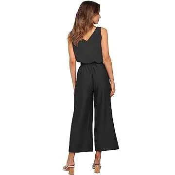 FANCYINN Womens 2 Piece Crop Pants Set V Neck Tank Wide Strap Tops High Waisted Cropped Paper Bag Pants with Belt Black Top & Wide Leg pant L
