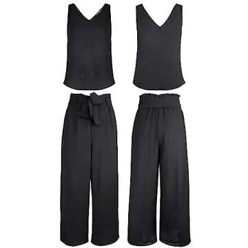 FANCYINN Womens 2 Piece Crop Pants Set V Neck Tank Wide Strap Tops High Waisted Cropped Paper Bag Pants with Belt Black Top & Wide Leg pant L
