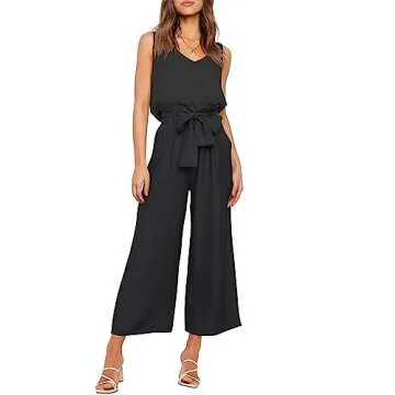 FANCYINN Womens 2 Piece Crop Pants Set V Neck Tank Wide Strap Tops High Waisted Cropped Paper Bag Pants with Belt Black Top & Wide Leg pant L