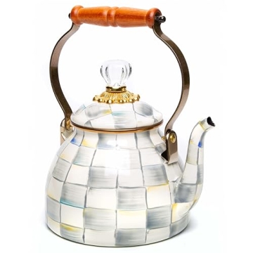 MACKENZIE-CHILDS Enamel Tea Kettle, Stylish Tea Kettle for Stovetop, Grey-and-White Sterling Check, ...