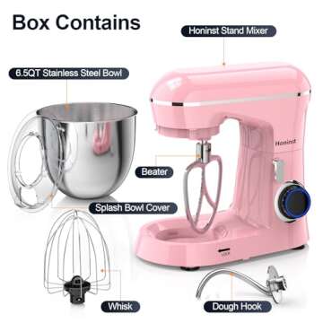 Honinst Stand Mixer, 6.5QT 10-Speed Tilt-Head Mixer, 3-in-1 Kitchen Food Mixer for Baking, Pink