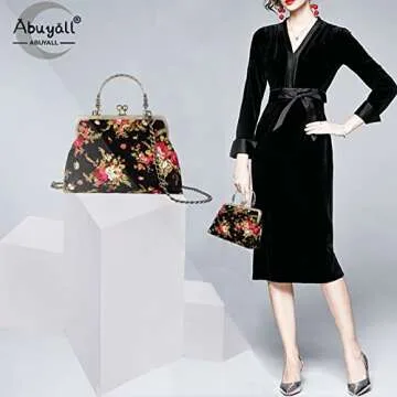 Abuyall Vintage Handbags Floral Top-Handle Kiss Lock Evening Bag for Women Retro Purse with Chain Women's Clutch Bag for Party 1920s Clutch Purse (Black)