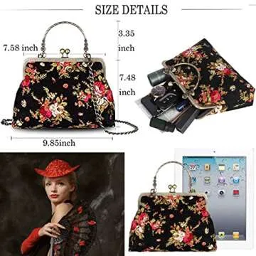 Abuyall Vintage Handbags Floral Top-Handle Kiss Lock Evening Bag for Women Retro Purse with Chain Women's Clutch Bag for Party 1920s Clutch Purse (Black)