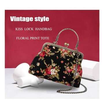 Abuyall Vintage Handbags Floral Top-Handle Kiss Lock Evening Bag for Women Retro Purse with Chain Women's Clutch Bag for Party 1920s Clutch Purse (Black)