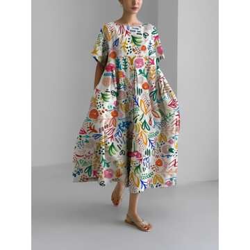 Akivide Women's Casual Cotton Crewneck Boho Floral Maxi Dress Plus Size Short Sleeve Flowy Summer Dr...