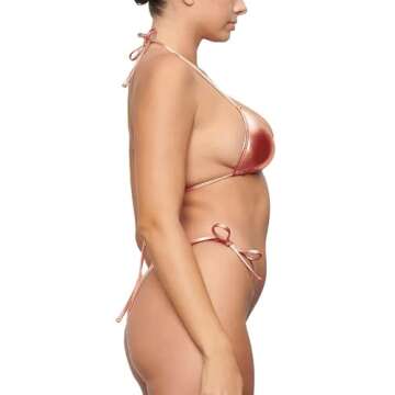 Metallic String Bikini for Women - Sexy Beach Glitter Swimsuits Bathing Suit Triangle Tops Side Tie Thong Bottom Set(Champagne,XS,1026e)