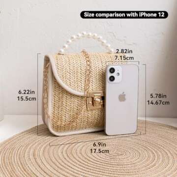 Mini Straw Bag for Women, Summer Woven Crossbody Shoulder Bag with Pearl Top Handle Handbag Flap Sat...
