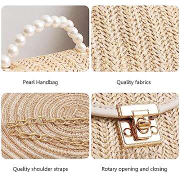 Mini Straw Bag for Women, Summer Woven Crossbody Shoulder Bag with Pearl Top Handle Handbag Flap Satchel Purse (White)