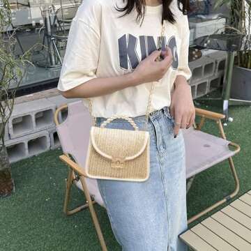 Mini Straw Bag for Women, Summer Woven Crossbody Shoulder Bag with Pearl Top Handle Handbag Flap Satchel Purse (White)