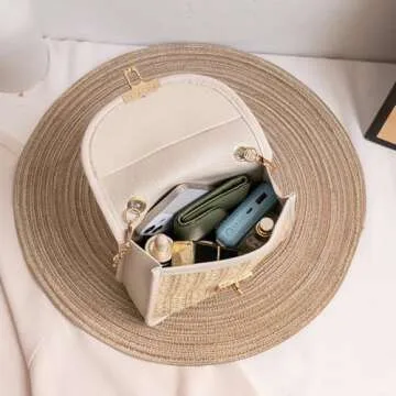 Mini Straw Bag for Women, Summer Woven Crossbody Shoulder Bag with Pearl Top Handle Handbag Flap Satchel Purse (White)