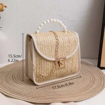 Mini Straw Bag for Women, Summer Woven Crossbody Shoulder Bag with Pearl Top Handle Handbag Flap Satchel Purse (White)