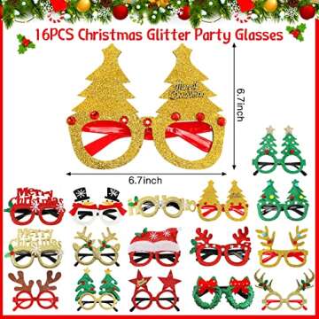 32 Pcs Christmas Headbands and Glasses Frames, Christmas Party Glittered Glasses Frame Funny Eyewear Cute Hair Hoop Christmas Head Boppers Decoration Accessories for Xmas Party Supplies Holiday Favors