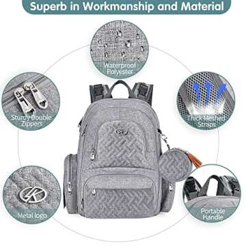 Diaper Bag Backpack, 6 in 1 Kit Baby Bags Large Travel Diaper Backpack for Boys and Girls with Washable Changing Pad, Extra Breast Insulated Cooler, Pacifier Case, Silicone Bag and Stroller Straps