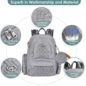Diaper Bag Backpack, 6 in 1 Kit Baby Bags Large Travel Diaper Backpack for Boys and Girls with Washable Changing Pad, Extra Breast Insulated Cooler, Pacifier Case, Silicone Bag and Stroller Straps