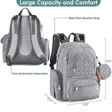 Diaper Bag Backpack, 6 in 1 Kit Baby Bags Large Travel Diaper Backpack for Boys and Girls with Washable Changing Pad, Extra Breast Insulated Cooler, Pacifier Case, Silicone Bag and Stroller Straps