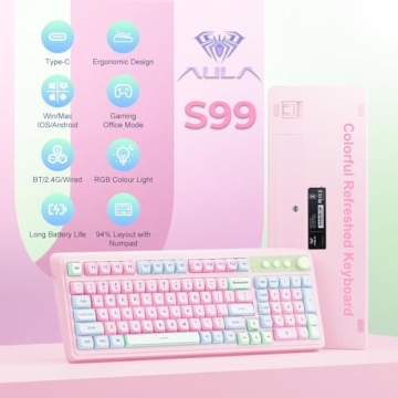 AULA 99 Key Wireless Gaming Keyboard - Cute Pink RGB Backlit Tri-Mode BT/2.4GHz/USB-C