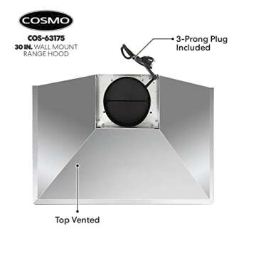 COSMO 63175 30 in. Wall Mount Range Hood with Efficient Airflow, Ducted, 3-Speed Fan, Permanent Filters, LED Lights, Chimney Style Over Stove Vent in Stainless Steel, Exhaust