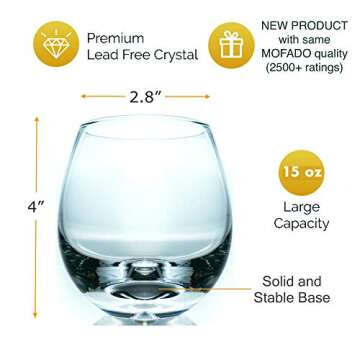 Mofado. Crystal Stemless Wine Glasses - (Set of 4) 15oz - Stable, Sturdy & Durable - For Red and White Wine - Lowball Tumbler Dishwasher Safe - Birthday, Gift for Women, Party