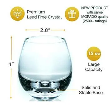 Mofado. Crystal Stemless Wine Glasses - (Set of 4) 15oz - Stable, Sturdy & Durable - For Red and White Wine - Lowball Tumbler Dishwasher Safe - Birthday, Gift for Women, Party