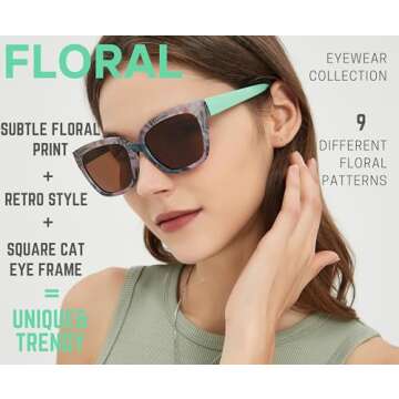 Leafael Sunglasses Women's Trendy Retro Floral Design | Polarized Lens UV Protection | Square Cat Ey...