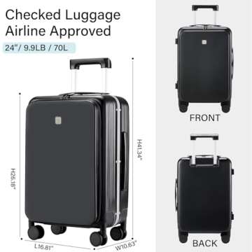 Hanke 24 Inch Checked Luggage with Front Pocket Aluminum Frame (Can Not Open in The Middle) Hard Shell Suitcases with Wheels Rolling Luggage Suitcase with Lock Travel Luggage for Weekender-Jet Black