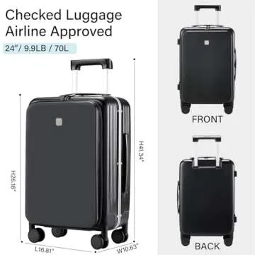 Hanke 24 Inch Checked Luggage with Front Pocket Aluminum Frame (Can Not Open in The Middle) Hard Shell Suitcases with Wheels Rolling Luggage Suitcase with Lock Travel Luggage for Weekender-Jet Black