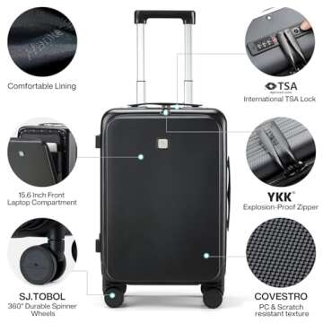Hanke 24 Inch Checked Luggage with Front Pocket Aluminum Frame (Can Not Open in The Middle) Hard Shell Suitcases with Wheels Rolling Luggage Suitcase with Lock Travel Luggage for Weekender-Jet Black