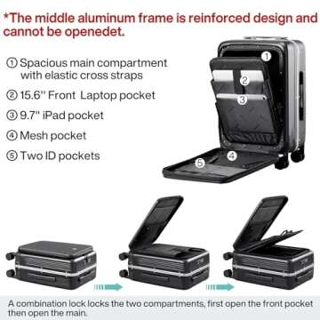Hanke 24 Inch Checked Luggage with Front Pocket Aluminum Frame (Can Not Open in The Middle) Hard Shell Suitcases with Wheels Rolling Luggage Suitcase with Lock Travel Luggage for Weekender-Jet Black