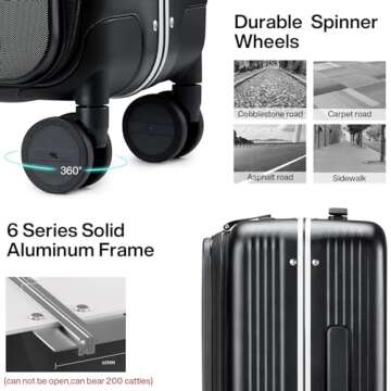 Hanke 24 Inch Checked Luggage with Front Pocket Aluminum Frame (Can Not Open in The Middle) Hard Shell Suitcases with Wheels Rolling Luggage Suitcase with Lock Travel Luggage for Weekender-Jet Black