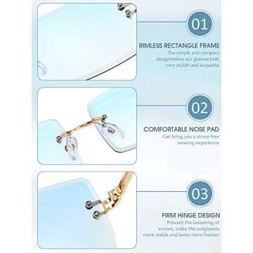 Weewooday 6 Pairs Rimless Rectangle Sunglasses Small Vintage Sunglasses Retro Frameless Eyewear for Women Men Travel Outdoor (Black-Gray, Tea Color, Blue, Purple, Gray, Red)
