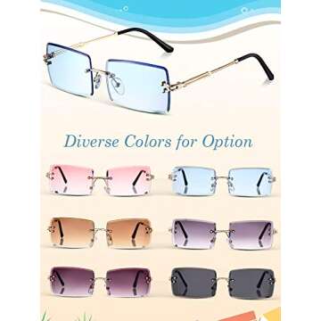 Weewooday 6 Pairs Rimless Rectangle Sunglasses Small Vintage Sunglasses Retro Frameless Eyewear for Women Men Travel Outdoor (Black-Gray, Tea Color, Blue, Purple, Gray, Red)