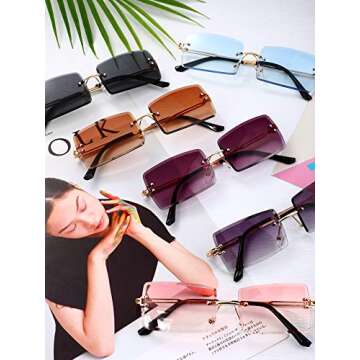 Weewooday 6 Pairs Rimless Rectangle Sunglasses Small Vintage Sunglasses Retro Frameless Eyewear for Women Men Travel Outdoor (Black-Gray, Tea Color, Blue, Purple, Gray, Red)