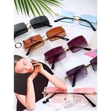 Weewooday 6 Pairs Rimless Rectangle Sunglasses Small Vintage Sunglasses Retro Frameless Eyewear for Women Men Travel Outdoor (Black-Gray, Tea Color, Blue, Purple, Gray, Red)
