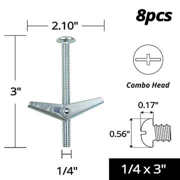 HASWARE Toggle Bolt Zinc Plated Steel and Wing Nut for Hanging Heavy Items on Drywall 1/4x3” (8 Pa...