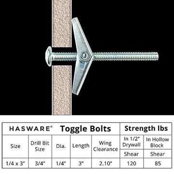 HASWARE Zinc Plated Toggle Bolts for Heavy Items - 8 Pack