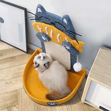 Sisal Scratch Posts with Hanging Ball, Cat Scratching Board with Cat Bed, Cat Eating Fish Shape Cat Scratch Pad for Indoor Cats or Kitten (with Cat Bed Style)