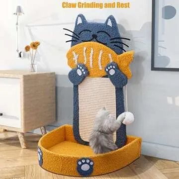 Sisal Scratch Posts with Hanging Ball, Cat Scratching Board with Cat Bed, Cat Eating Fish Shape Cat Scratch Pad for Indoor Cats or Kitten (with Cat Bed Style)