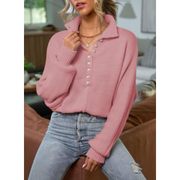 EVALESS Fall V Neck Knit Oversized Sweaters for Women 2024 Trendy Fashion Casual Loose Cute Long Sleeve Lightweight Chunky Sweaters Pullover Clothes Pink Large