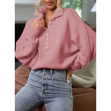 EVALESS Fall V Neck Knit Oversized Sweaters for Women 2024 Trendy Fashion Casual Loose Cute Long Sleeve Lightweight Chunky Sweaters Pullover Clothes Pink Large