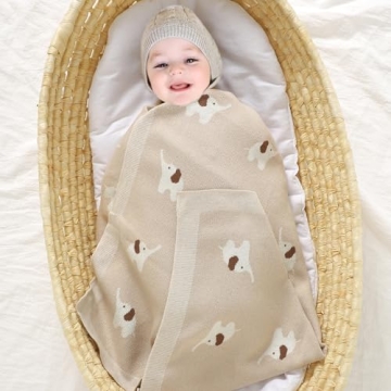 Hadetoto 100% Cotton Baby Blanket Knit Soft Cozy Swaddle Receiving Blankets Toddler Infant Blanket with Lovely Elephant for Newborn Boy Girls - Camel, 90 x 70cm