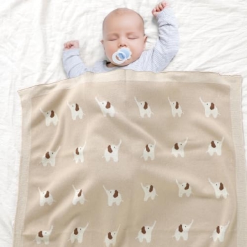 Hadetoto 100% Cotton Baby Blanket Knit Soft Cozy Swaddle Receiving Blankets Toddler Infant Blanket with Lovely Elephant for Newborn Boy Girls - Camel, 90 x 70cm