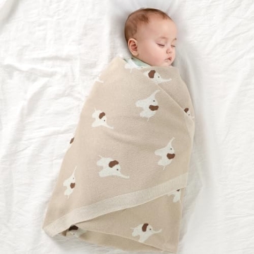 Hadetoto 100% Cotton Baby Blanket Knit Soft Cozy Swaddle Receiving Blankets Toddler Infant Blanket with Lovely Elephant for Newborn Boy Girls - Camel, 90 x 70cm