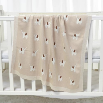 Hadetoto 100% Cotton Baby Blanket Knit Soft Cozy Swaddle Receiving Blankets Toddler Infant Blanket with Lovely Elephant for Newborn Boy Girls - Camel, 90 x 70cm