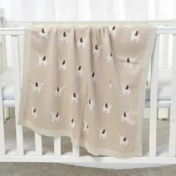 Hadetoto 100% Cotton Baby Blanket Knit Soft Cozy Swaddle Receiving Blankets Toddler Infant Blanket with Lovely Elephant for Newborn Boy Girls - Camel, 90 x 70cm